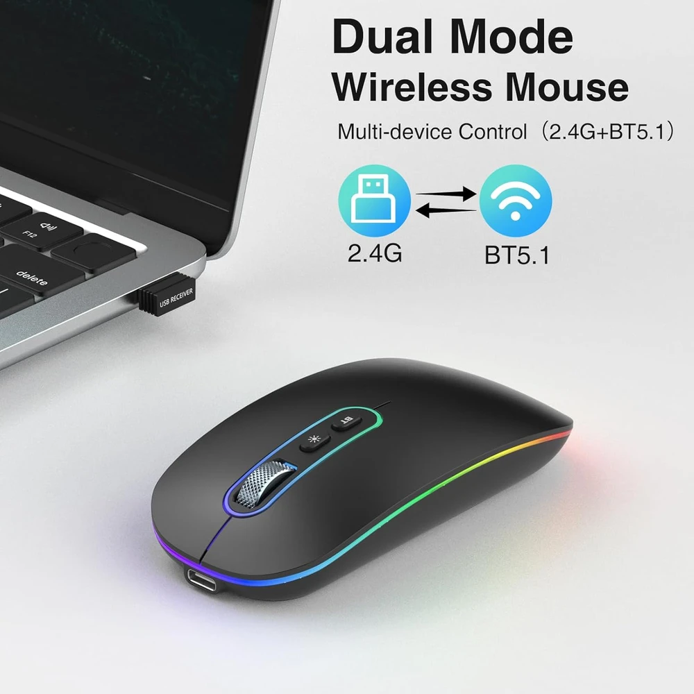 cimetech belaidė optinė pelė, Bluetooth 5.1 ir 2,4 GHz, su LED, EU-M01-RD-BK