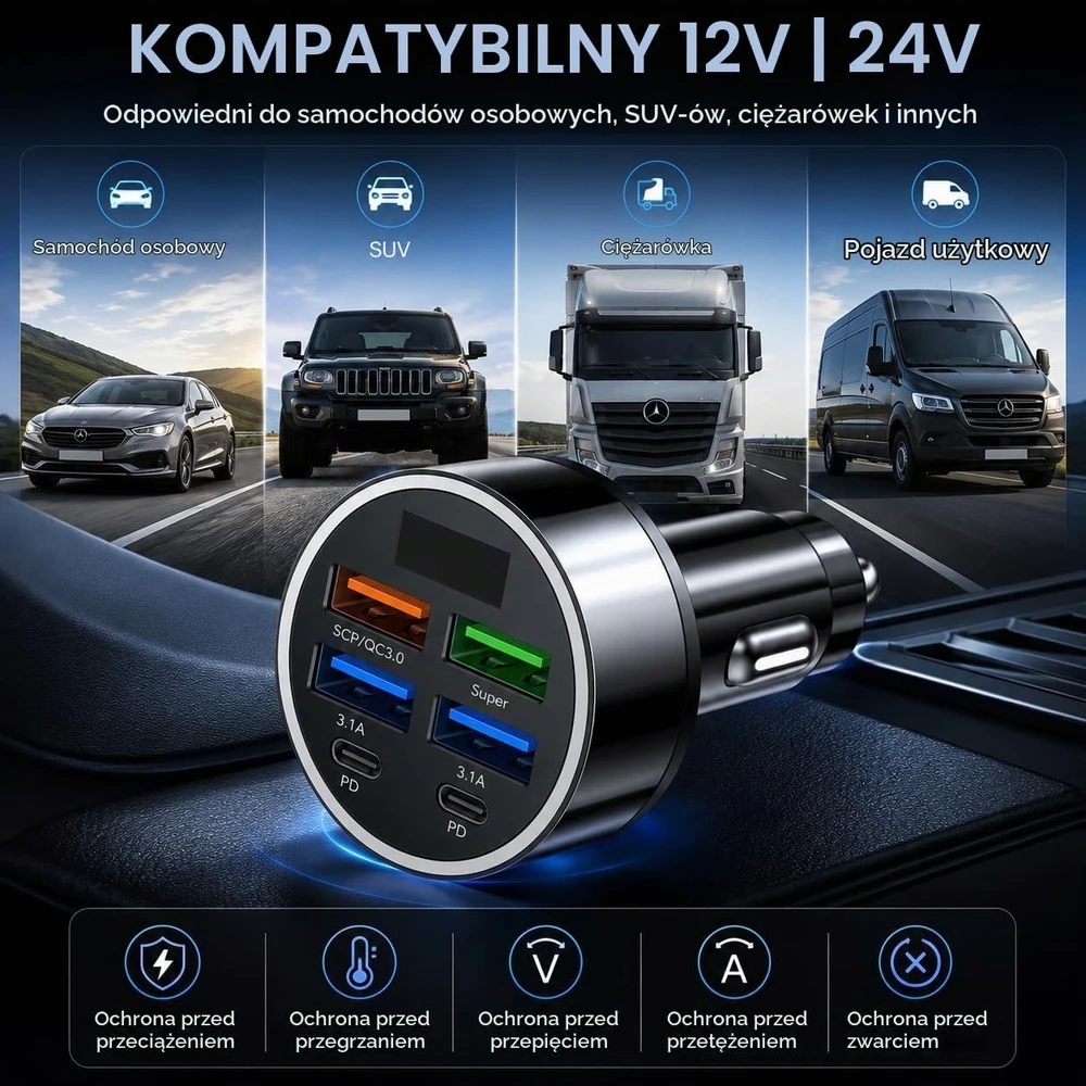 CLARENEL IN MOTION automobilinis įkroviklis su 5 USB jungtimis, PD 30 W ir QC 3.0