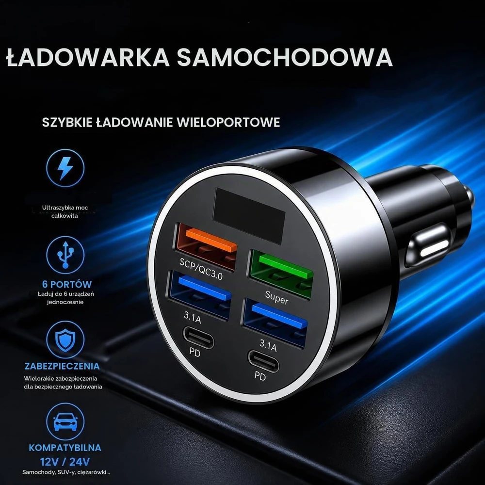CLARENEL IN MOTION automobilinis įkroviklis su 5 USB jungtimis, PD 30 W ir QC 3.0