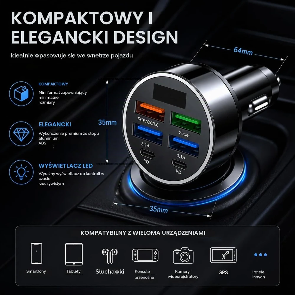 CLARENEL IN MOTION automobilinis įkroviklis su 5 USB jungtimis, PD 30 W ir QC 3.0