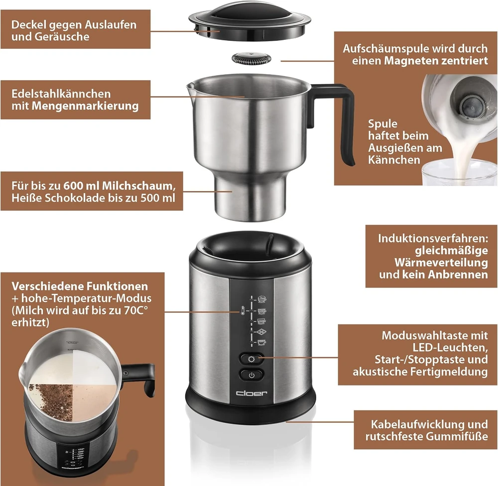 Cloer indukcinis pieno plakiklis 800 ml, 500 W su magnetine plakimo spirale, 7789