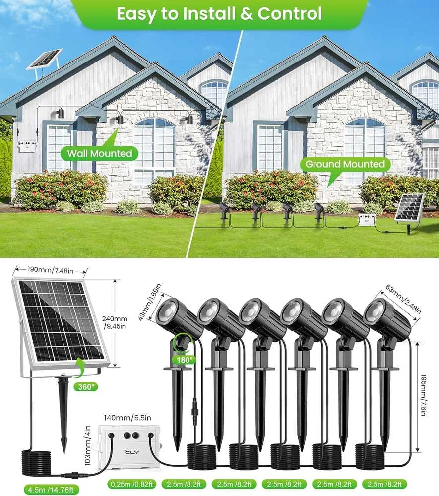 CLY lauko saulės LED šviestuvas, šilta balta šviesa, 6000 mAh, 6 režimai, IP66, 25 × 19 × 10 cm