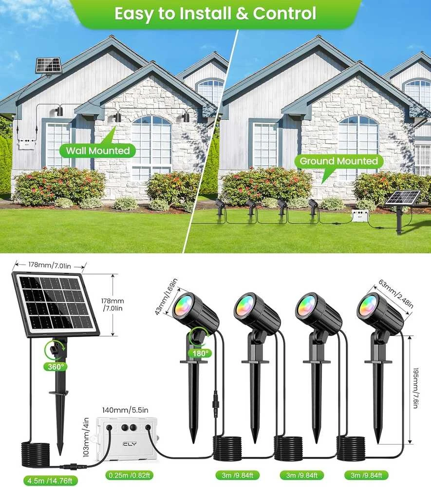 CLY saulės energija maitinamas RGB LED lauko prožektorius su nuotoliniu valdymu, 10 spalvų, IP66