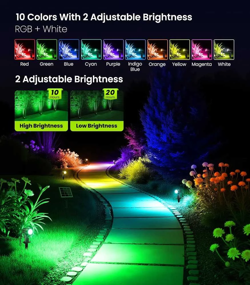 CLY saulės energija maitinamas RGB LED lauko prožektorius su nuotoliniu valdymu, 10 spalvų, IP66