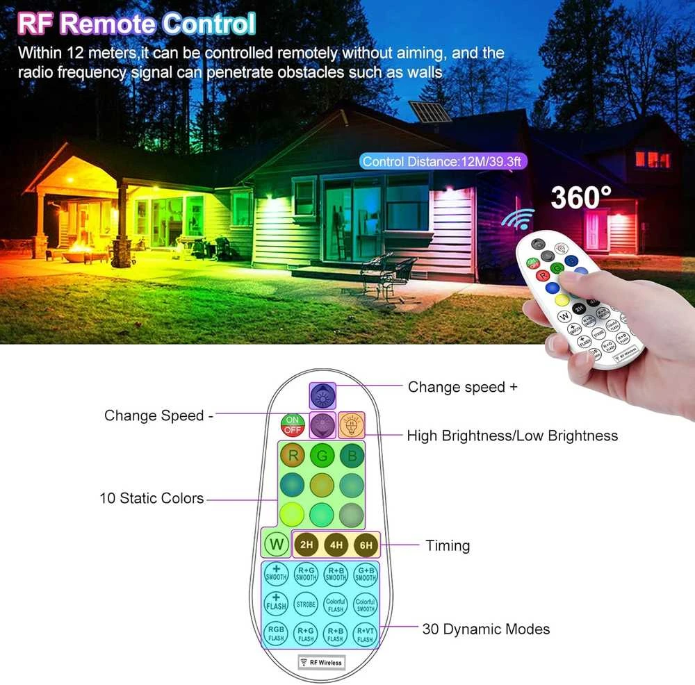 CLY saulės energija maitinamas RGB LED prožektorius su nuotoliniu valdymu, 6 W, IP66, 10 spalvų, 30 režimų