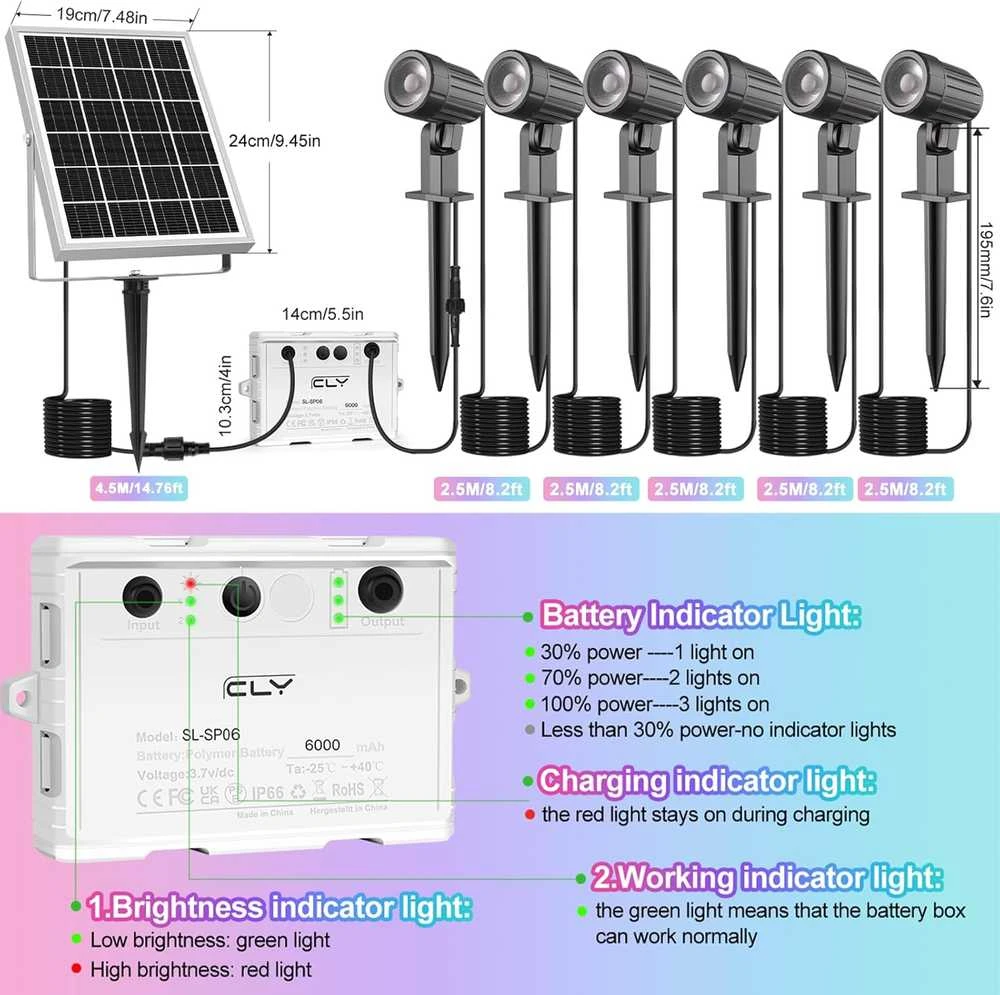 CLY saulės energija maitinamas RGB LED prožektorius su nuotoliniu valdymu, 6 W, IP66, 10 spalvų, 30 režimų