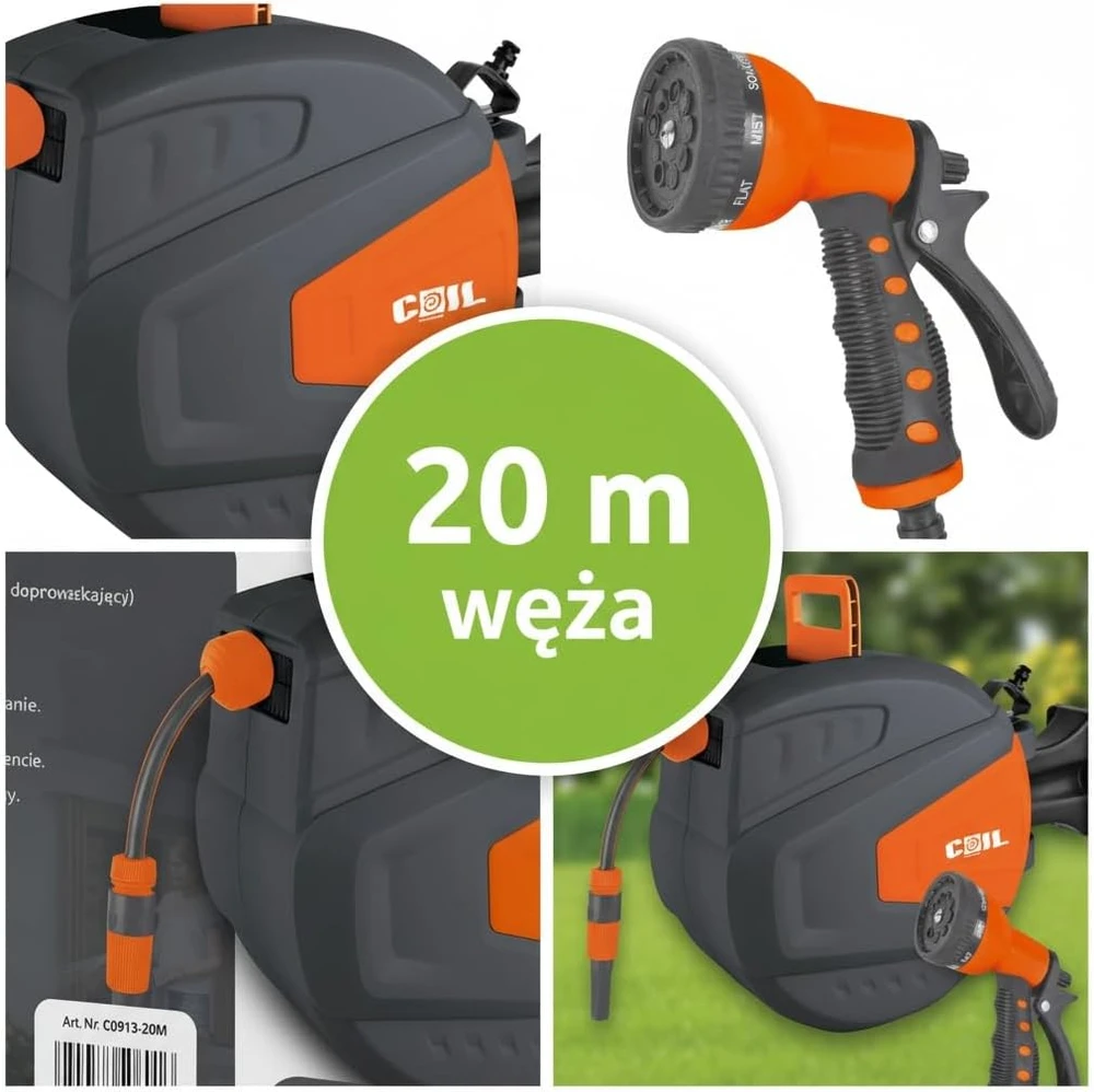 COIL automatinė sieninė sodo žarnos ritė su 20 m žarna, 2 m įvadu ir 9 funkcijų purkštuvu C0913