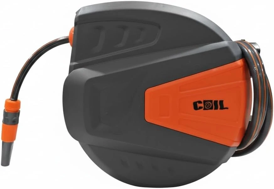 COIL automatinė sieninė sodo žarnos ritė su 20 m žarna, 2 m įvadu ir 9 funkcijų purkštuvu C0913