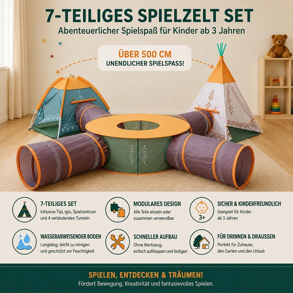 COIL vaikiškas 7 viename žaidimų palapinių rinkinys su 2 tuneliais, 5 x 1.12 x 1.35 m