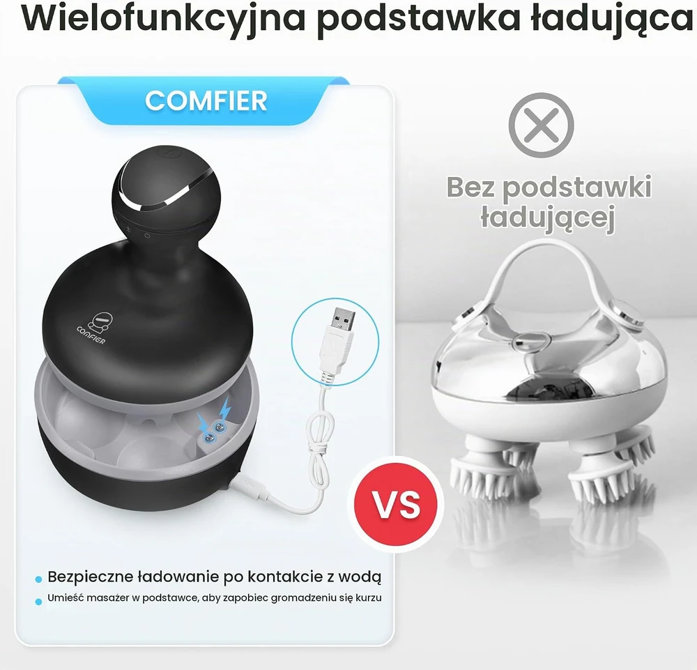 COMFIER elektrinis galvos odos masažuoklis su 4 galvutėmis, belaidis, IPX7, CF-4902BLK-EU
