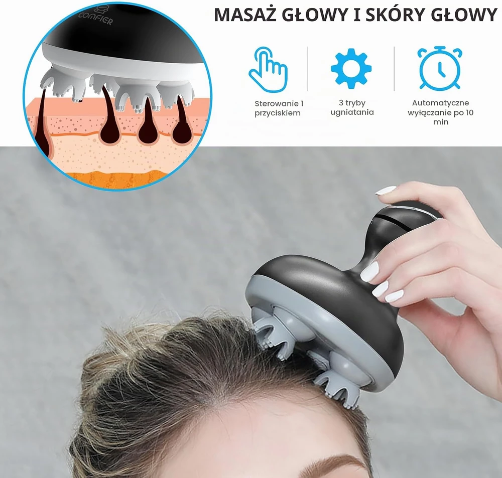 COMFIER elektrinis galvos odos masažuoklis su 4 galvutėmis, belaidis, IPX7, CF-4902BLK-EU