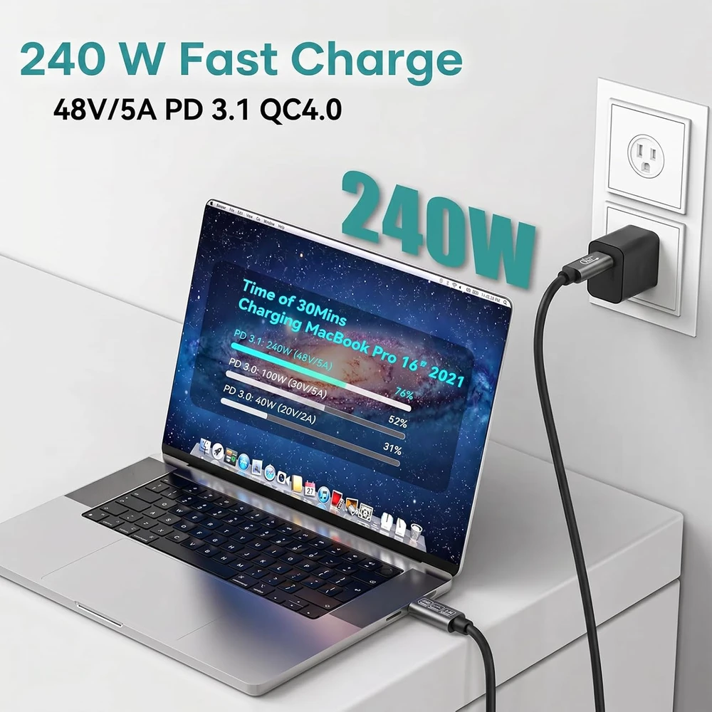 ConnBull Thunderbolt 5 USB-C kabelis 80 Gbit/s 240 W 30 cm TB5-80G-1FT