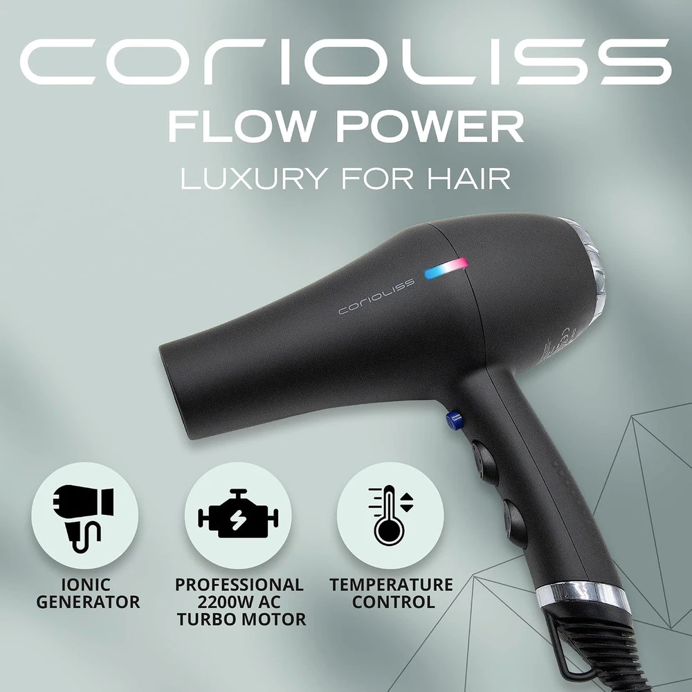 Corioliss profesionalus joninis plaukų džiovintuvas Flow 2200 W, juodas chromas