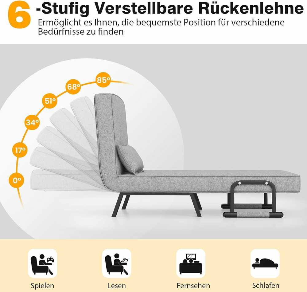 COSTWAY 4‑in‑1 sulankstomas miegamasis fotelis–sofa su 5 padėčių atlošu, iki 150 kg, šviesiai pilkas