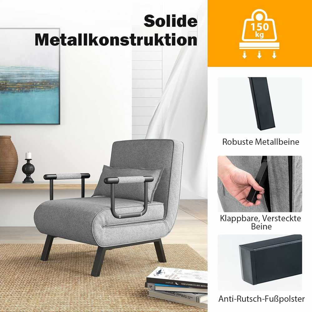 COSTWAY 4‑in‑1 sulankstomas miegamasis fotelis–sofa su 5 padėčių atlošu, iki 150 kg, šviesiai pilkas