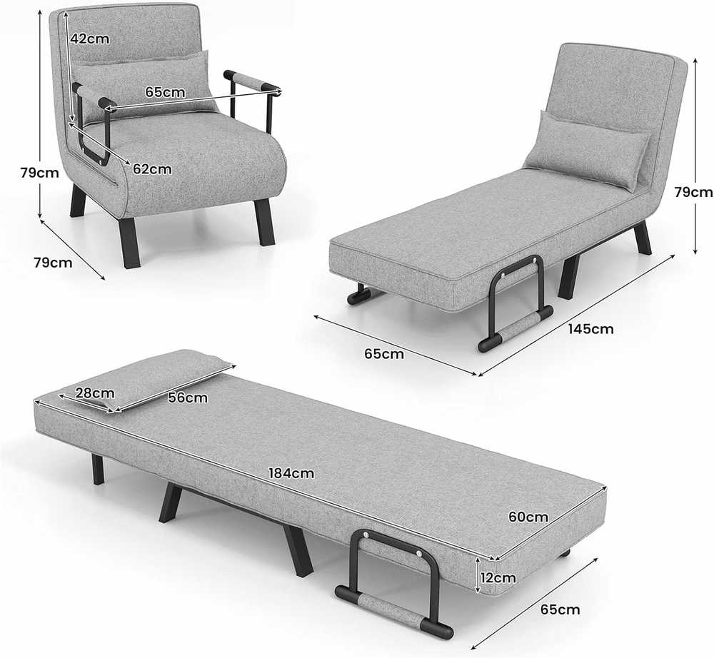 COSTWAY 4‑in‑1 sulankstomas miegamasis fotelis–sofa su 5 padėčių atlošu, iki 150 kg, šviesiai pilkas