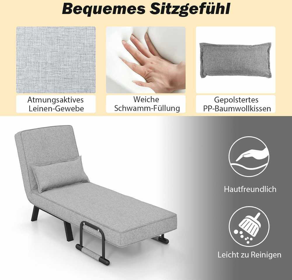 COSTWAY 4‑in‑1 sulankstomas miegamasis fotelis–sofa su 5 padėčių atlošu, iki 150 kg, šviesiai pilkas
