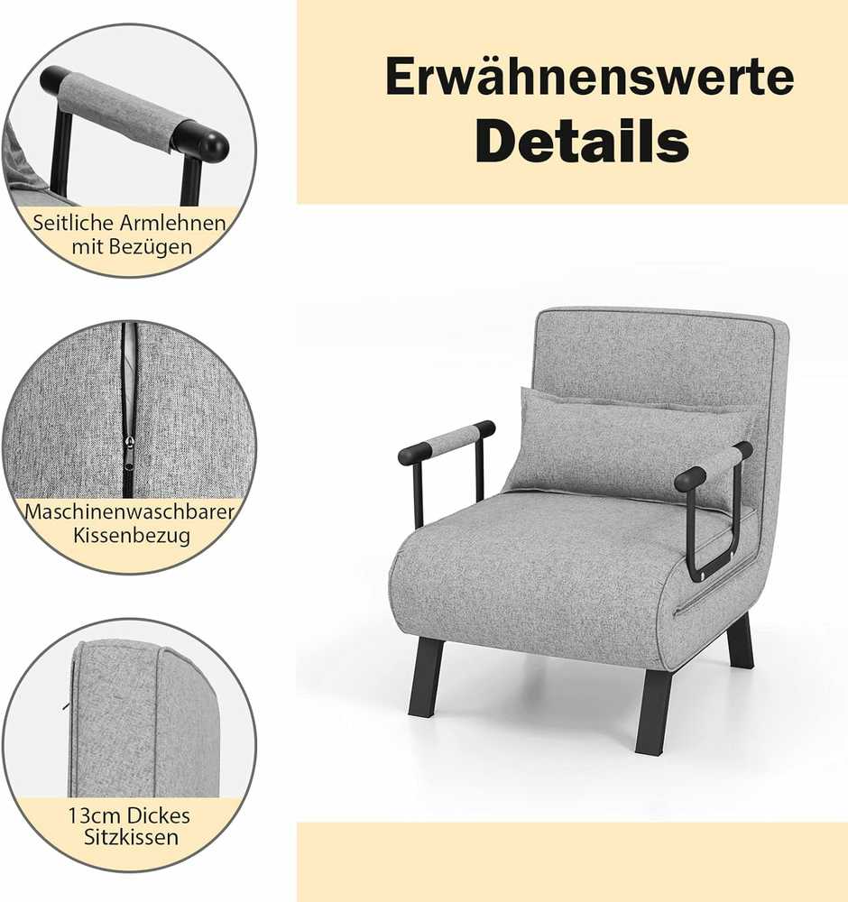 COSTWAY 4‑in‑1 sulankstomas miegamasis fotelis–sofa su 5 padėčių atlošu, iki 150 kg, šviesiai pilkas
