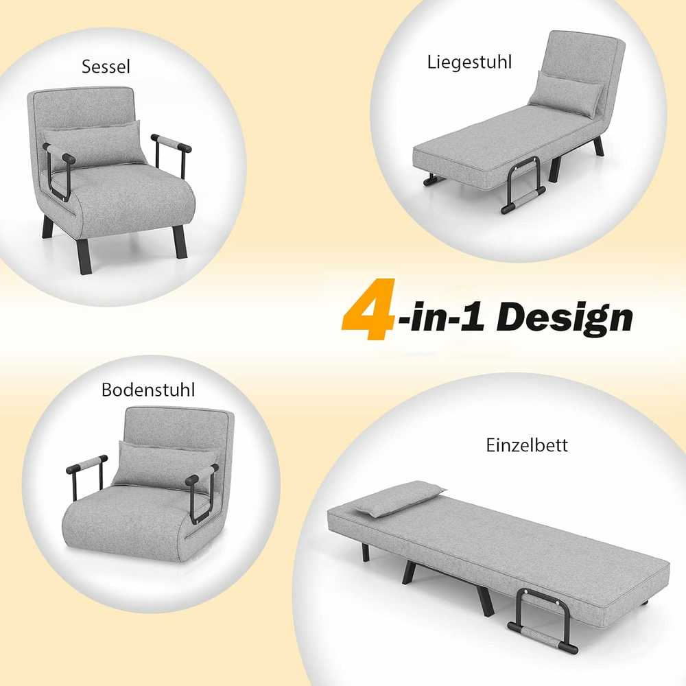 COSTWAY 4‑in‑1 sulankstomas miegamasis fotelis–sofa su 5 padėčių atlošu, iki 150 kg, šviesiai pilkas