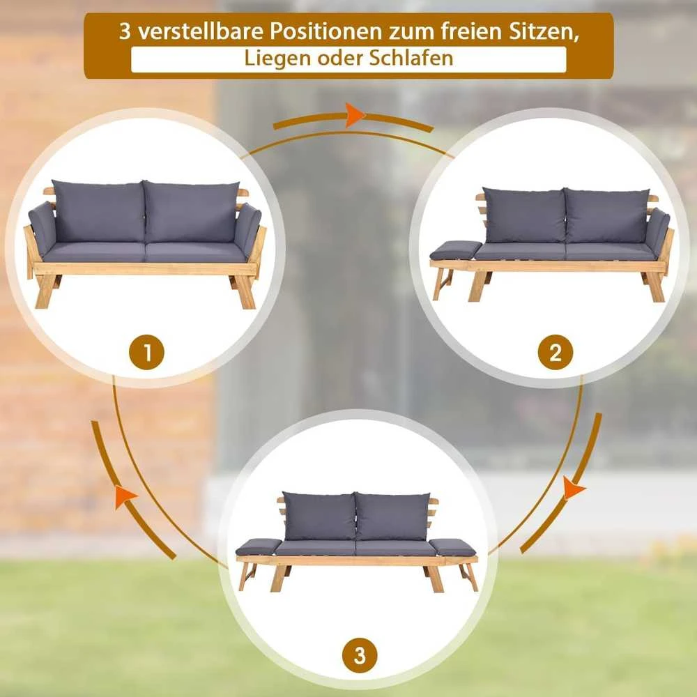 COSTWAY akacijos medienos lauko sofa-lova su reguliuojamais porankiais ir pagalvėlėmis, 198 × 75 × 75 cm