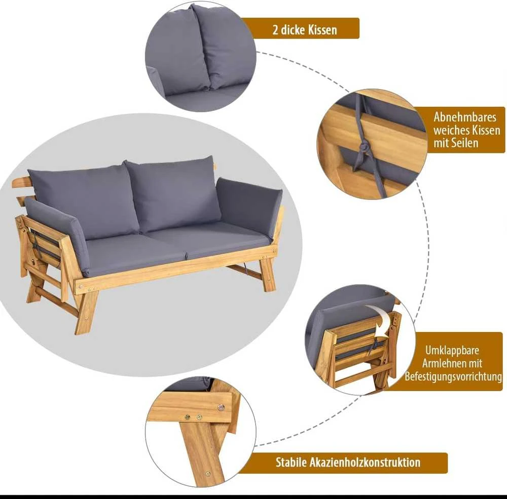 COSTWAY akacijos medienos lauko sofa-lova su reguliuojamais porankiais ir pagalvėlėmis, 198 × 75 × 75 cm