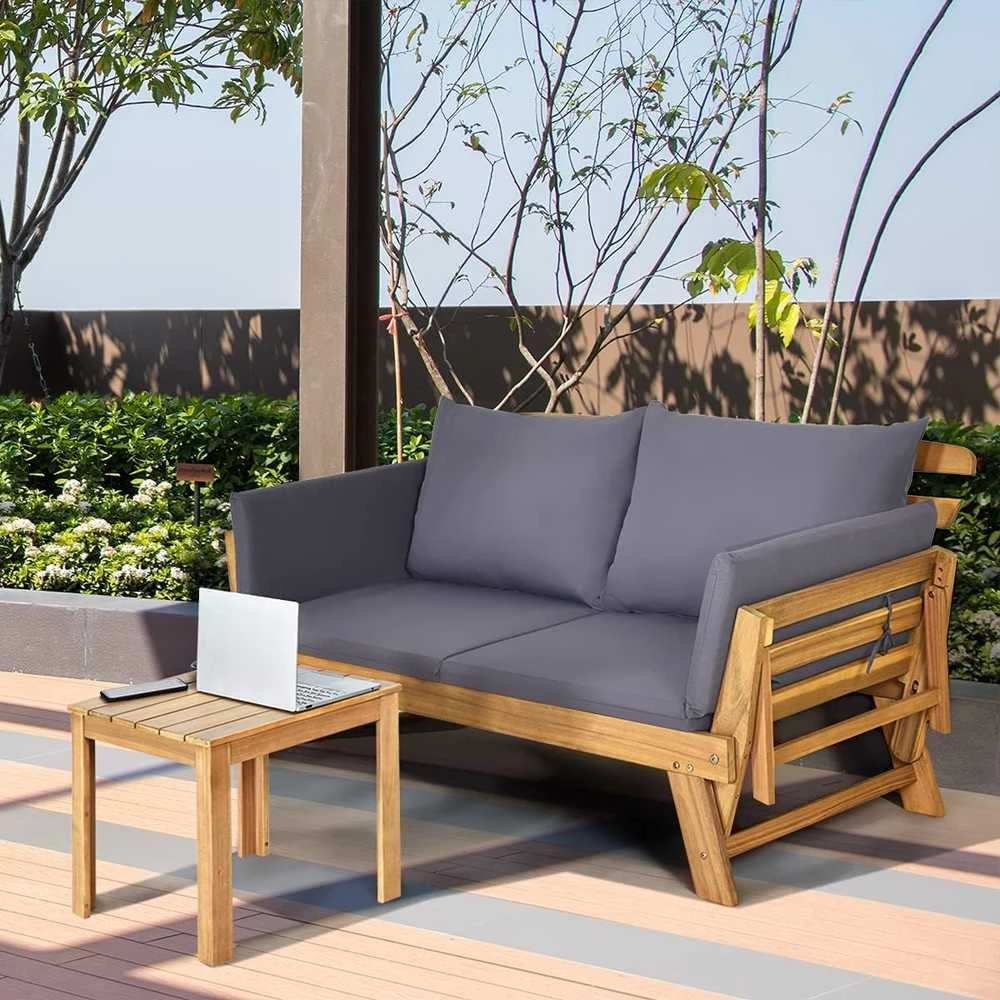 COSTWAY akacijos medienos lauko sofa-lova su reguliuojamais porankiais ir pagalvėlėmis, 198 × 75 × 75 cm