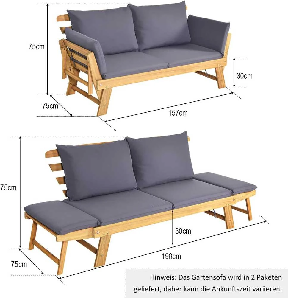 COSTWAY akacijos medienos lauko sofa-lova su reguliuojamais porankiais ir pagalvėlėmis, 198 × 75 × 75 cm