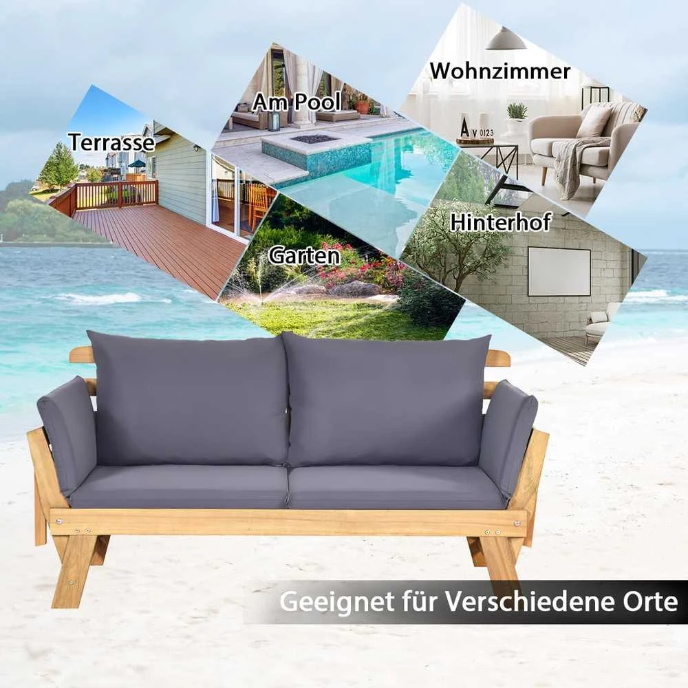 COSTWAY akacijos medienos lauko sofa-lova su reguliuojamais porankiais ir pagalvėlėmis, 198 × 75 × 75 cm