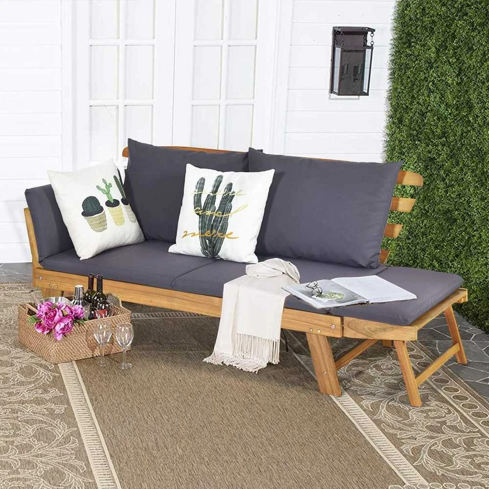 COSTWAY akacijos medienos lauko sofa-lova su reguliuojamais porankiais ir pagalvėlėmis, 198 × 75 × 75 cm