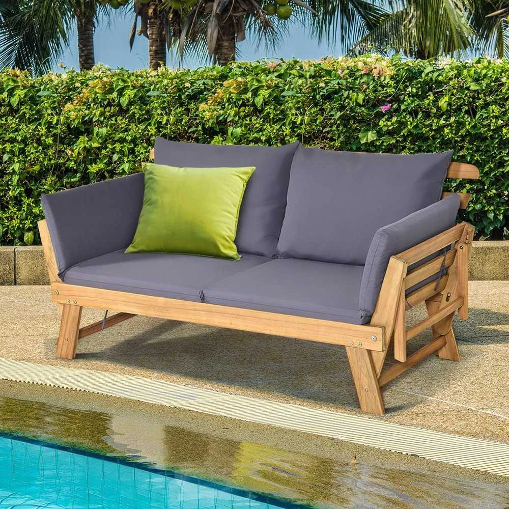 COSTWAY akacijos medienos lauko sofa-lova su reguliuojamais porankiais ir pagalvėlėmis, 198 × 75 × 75 cm