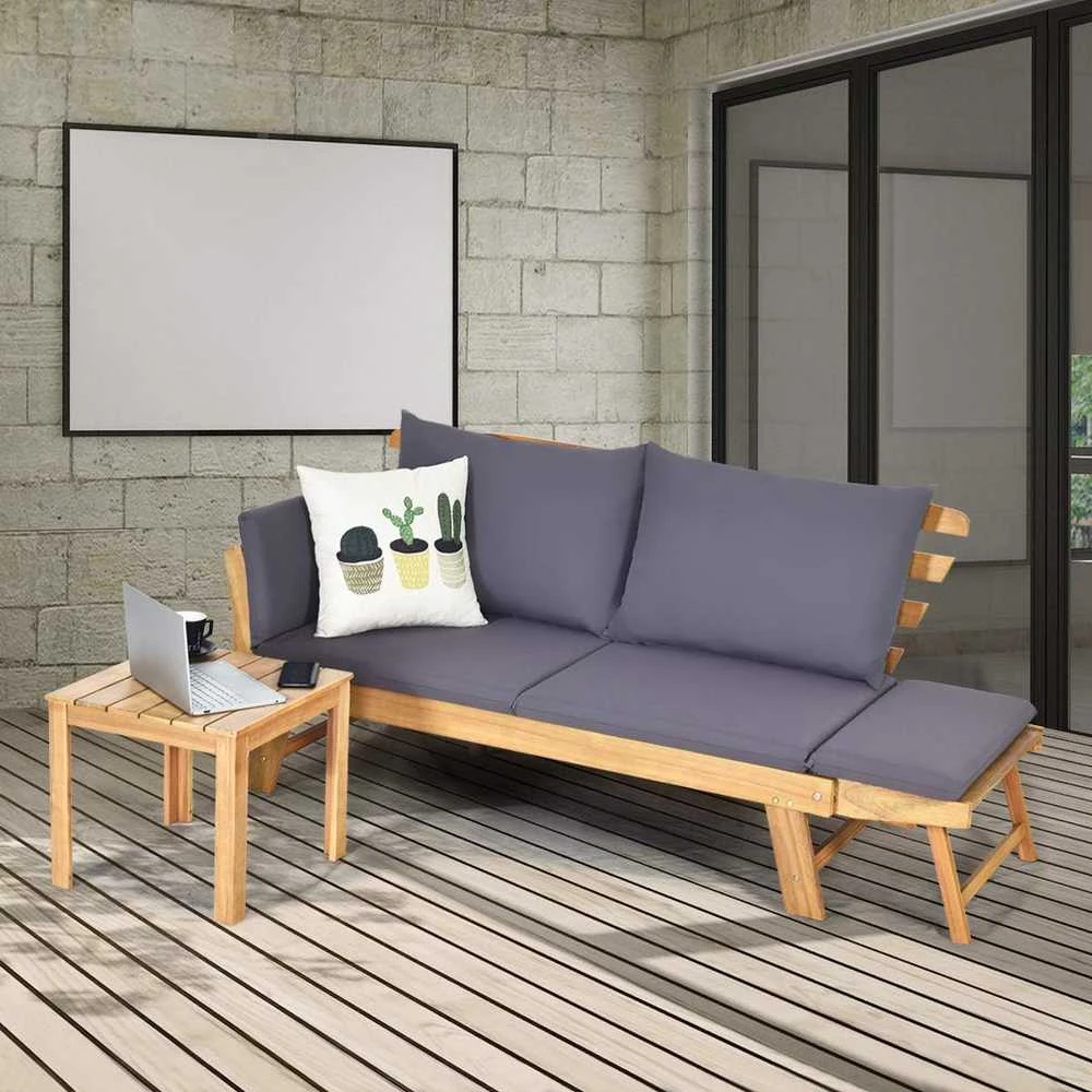 COSTWAY akacijos medienos lauko sofa-lova su reguliuojamais porankiais ir pagalvėlėmis, 198 × 75 × 75 cm