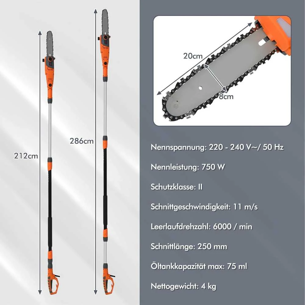 COSTWAY elektrinis teleskopinis grandininis pjūklas, 750 W, 212–286 cm, reguliuojama galvutė, GT4259DEDE