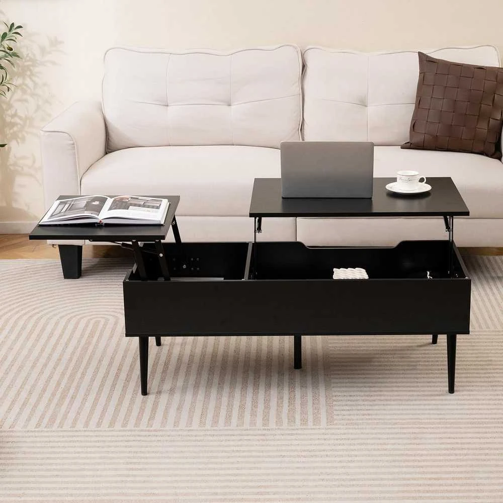 COSTWAY kavos staliukas su reguliuojamu aukščiu, pakeliamu stalviršiu ir dvigubomis lentynomis, 111 × 48 × 40-53,5 cm, juodas VH34848DE