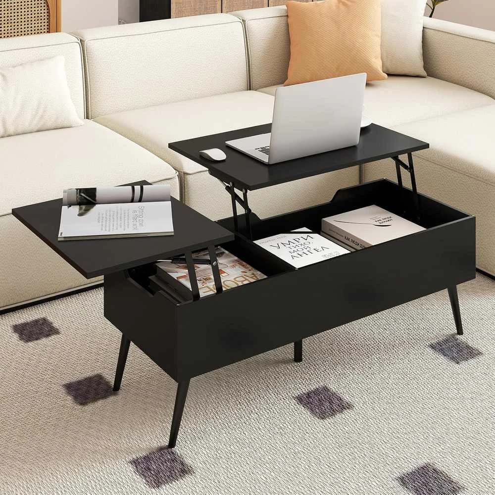COSTWAY kavos staliukas su reguliuojamu aukščiu, pakeliamu stalviršiu ir dvigubomis lentynomis, 111 × 48 × 40-53,5 cm, juodas VH34848DE