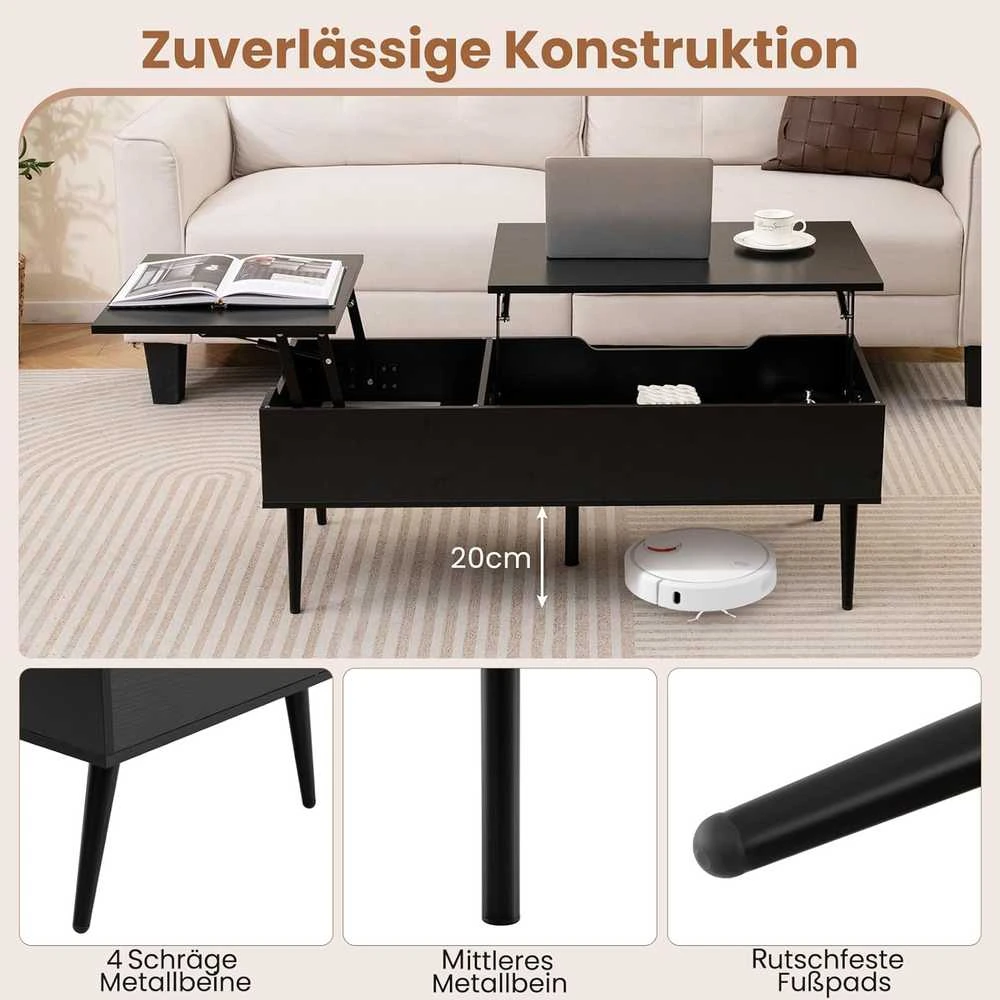 COSTWAY kavos staliukas su reguliuojamu aukščiu, pakeliamu stalviršiu ir dvigubomis lentynomis, 111 × 48 × 40-53,5 cm, juodas VH34848DE