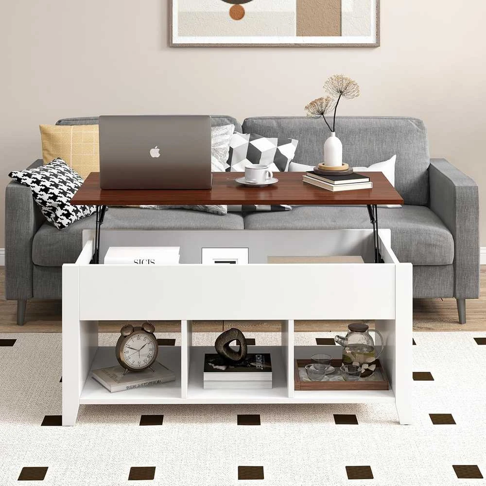COSTWAY kavos staliukas su reguliuojamu aukščiu, baltas, 105 × 52 × 49–62,5 cm, 3 atviros lentynos