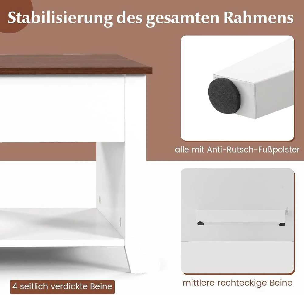COSTWAY kavos staliukas su reguliuojamu aukščiu, baltas, 105 × 52 × 49–62,5 cm, 3 atviros lentynos