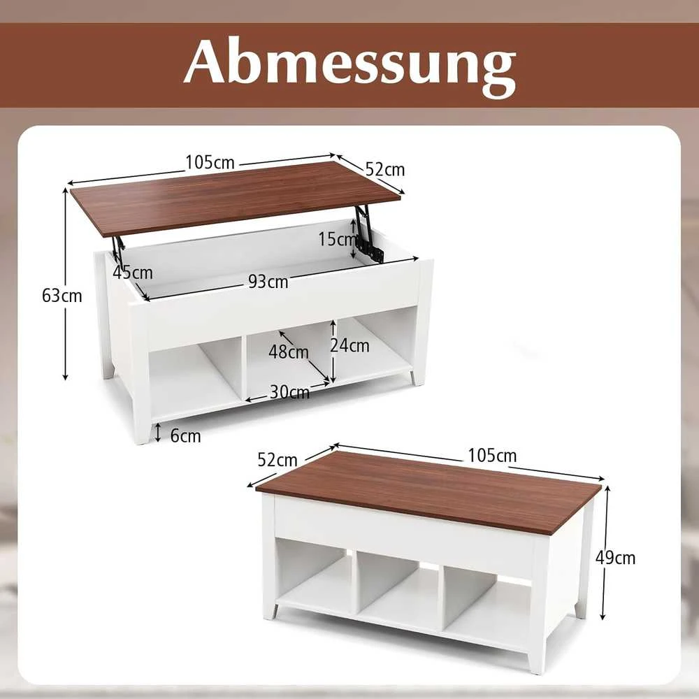 COSTWAY kavos staliukas su reguliuojamu aukščiu, baltas, 105 × 52 × 49–62,5 cm, 3 atviros lentynos