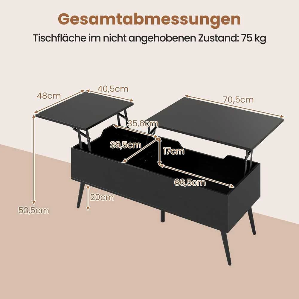 COSTWAY kavos staliukas su reguliuojamu aukščiu, pakeliamu stalviršiu ir dvigubomis lentynomis, 111 × 48 × 40-53,5 cm, juodas VH34848DE