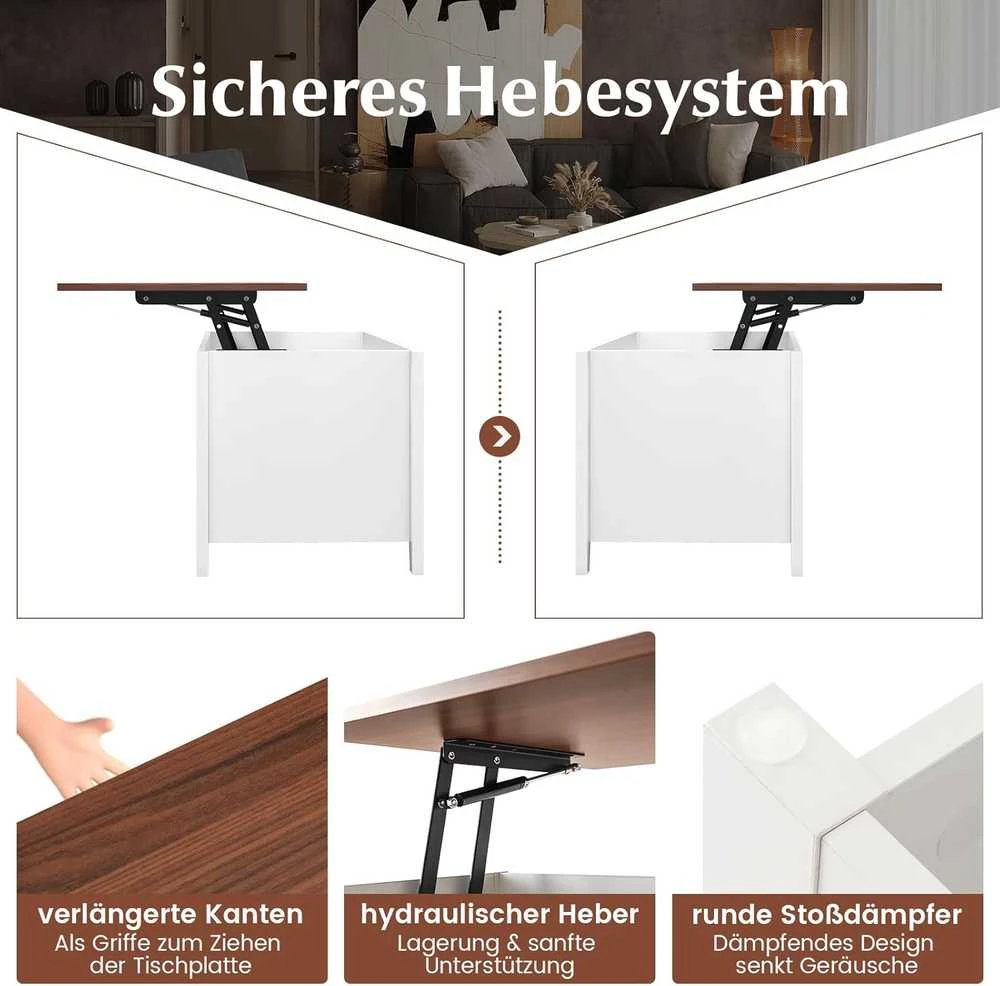 COSTWAY kavos staliukas su reguliuojamu aukščiu, baltas, 105 × 52 × 49–62,5 cm, 3 atviros lentynos