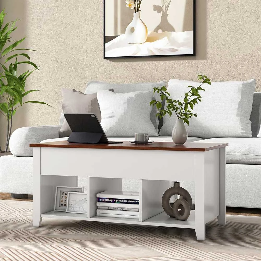 COSTWAY kavos staliukas su reguliuojamu aukščiu, baltas, 105 × 52 × 49–62,5 cm, 3 atviros lentynos