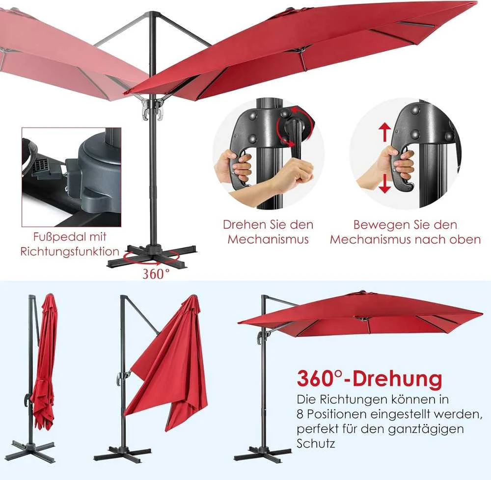 COSTWAY kvadratinis sodo skėtis, 300 × 300 cm, su rankenėle, pasukamas, reguliuojamas, ZB33767DE
