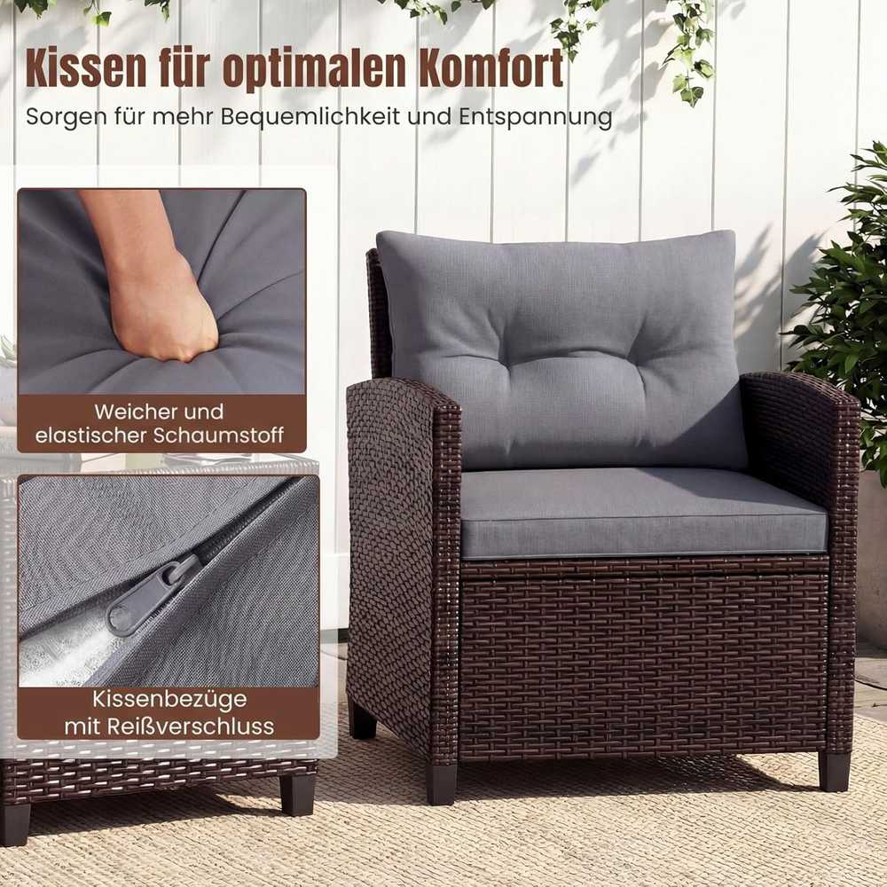 COSTWAY lauko baldų komplektas iš rotango, 2 foteliai su pagalvėlėmis ir stalas su grūdinto stiklo stalviršiu