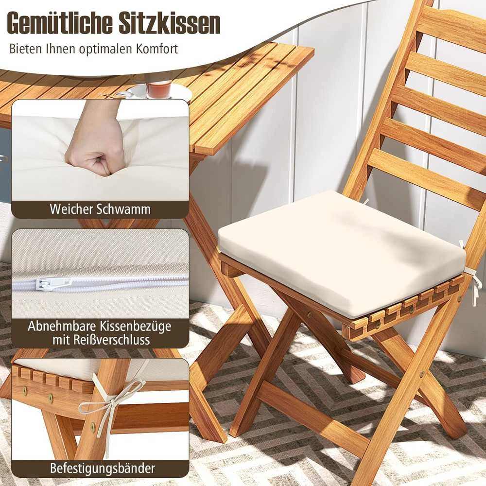 COSTWAY lauko baldų komplektas, sulankstomas stalas ir 2 kėdės su pagalvėlėmis, akacijos mediena