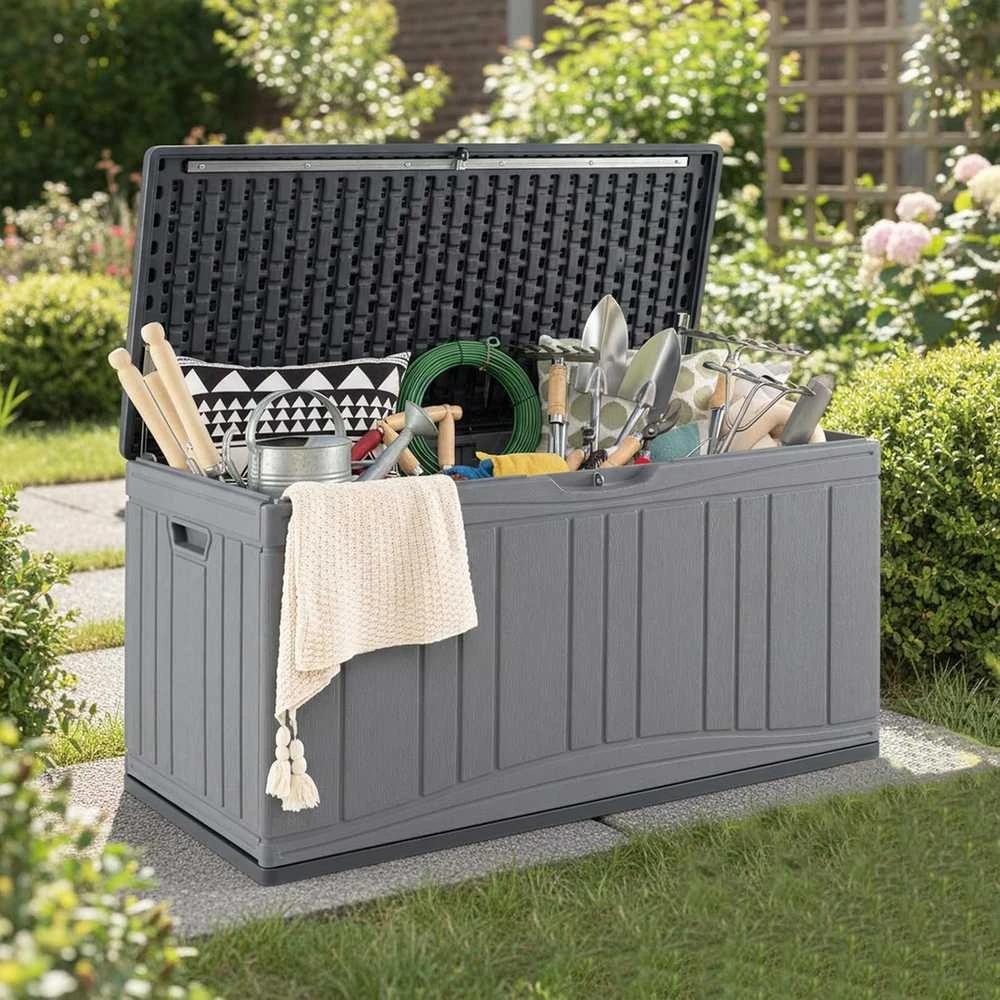 COSTWAY lauko sandėliavimo dėžė 300 l, HDPE, su dangčiu, sėdima vieta, 114 × 55 × 61 cm, ZB34073DE