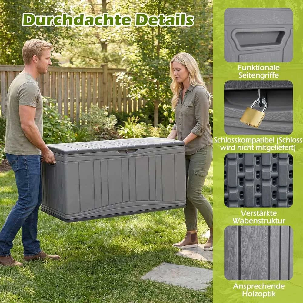 COSTWAY lauko sandėliavimo dėžė 300 l, HDPE, su dangčiu, sėdima vieta, 114 × 55 × 61 cm, ZB34073DE