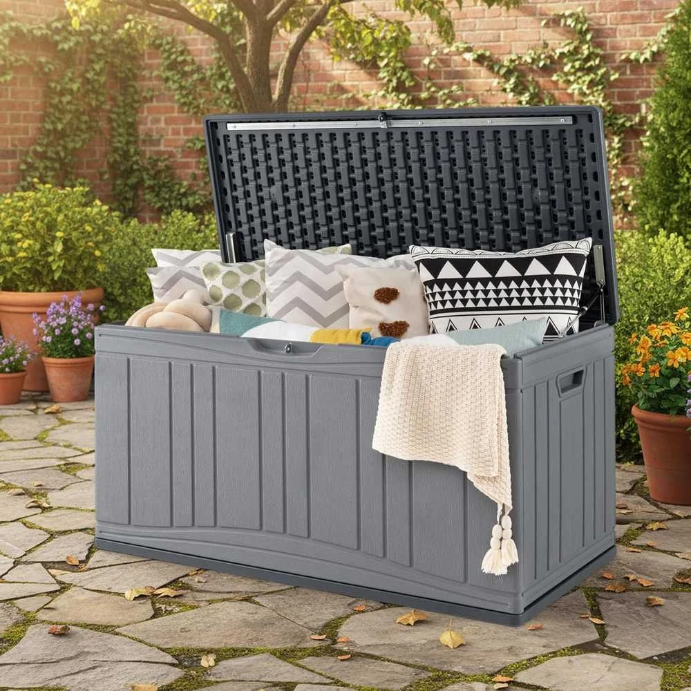 COSTWAY lauko sandėliavimo dėžė 300 l, HDPE, su dangčiu, sėdima vieta, 114 × 55 × 61 cm, ZB34073DE