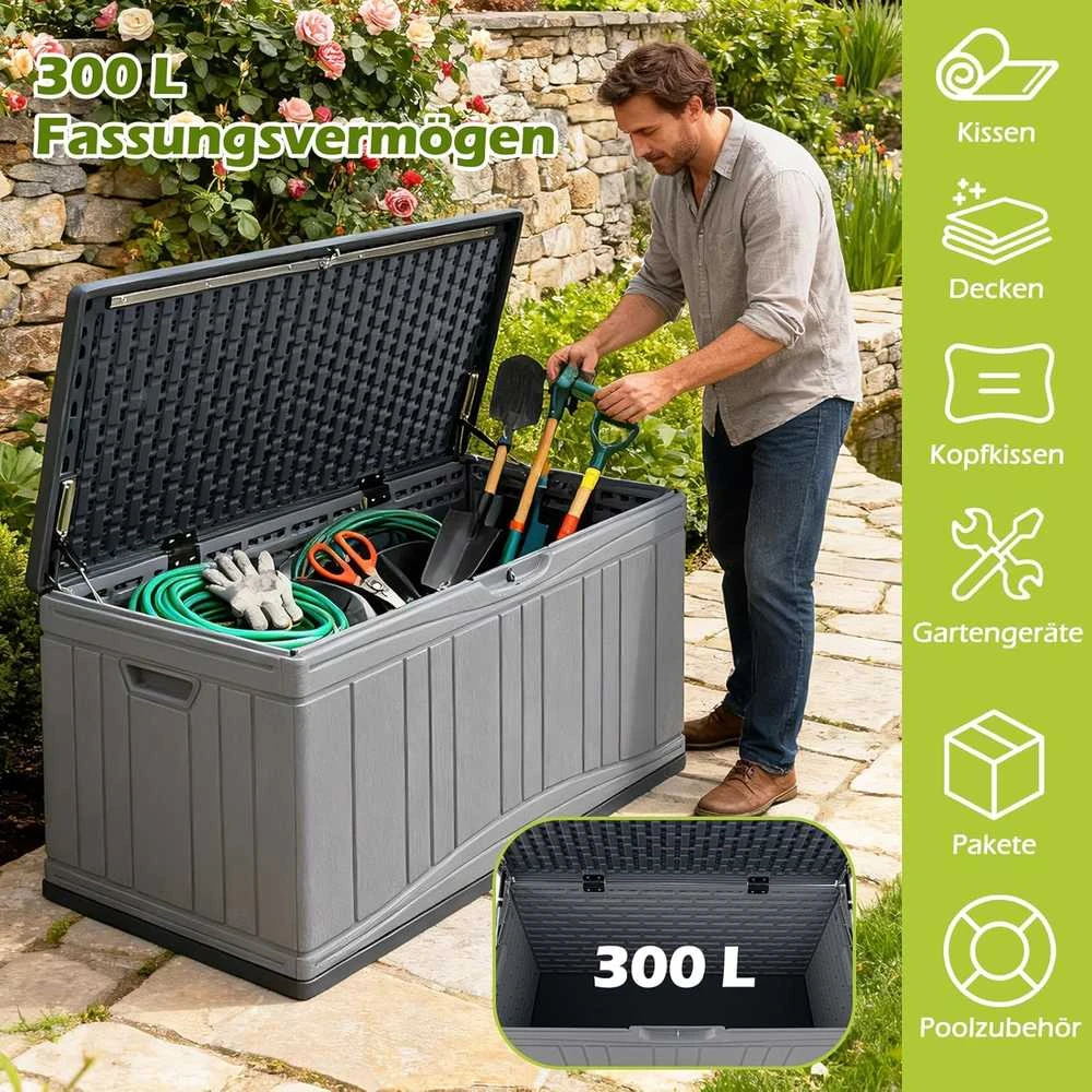 COSTWAY lauko sandėliavimo dėžė 300 l, HDPE, su dangčiu, sėdima vieta, 114 × 55 × 61 cm, ZB34073DE