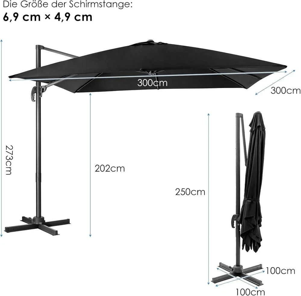 COSTWAY lauko skėtis, kvadratinis, 300 × 300 cm, 360° pasukamas, juodos spalvos, ZB33835PWDE-GM
