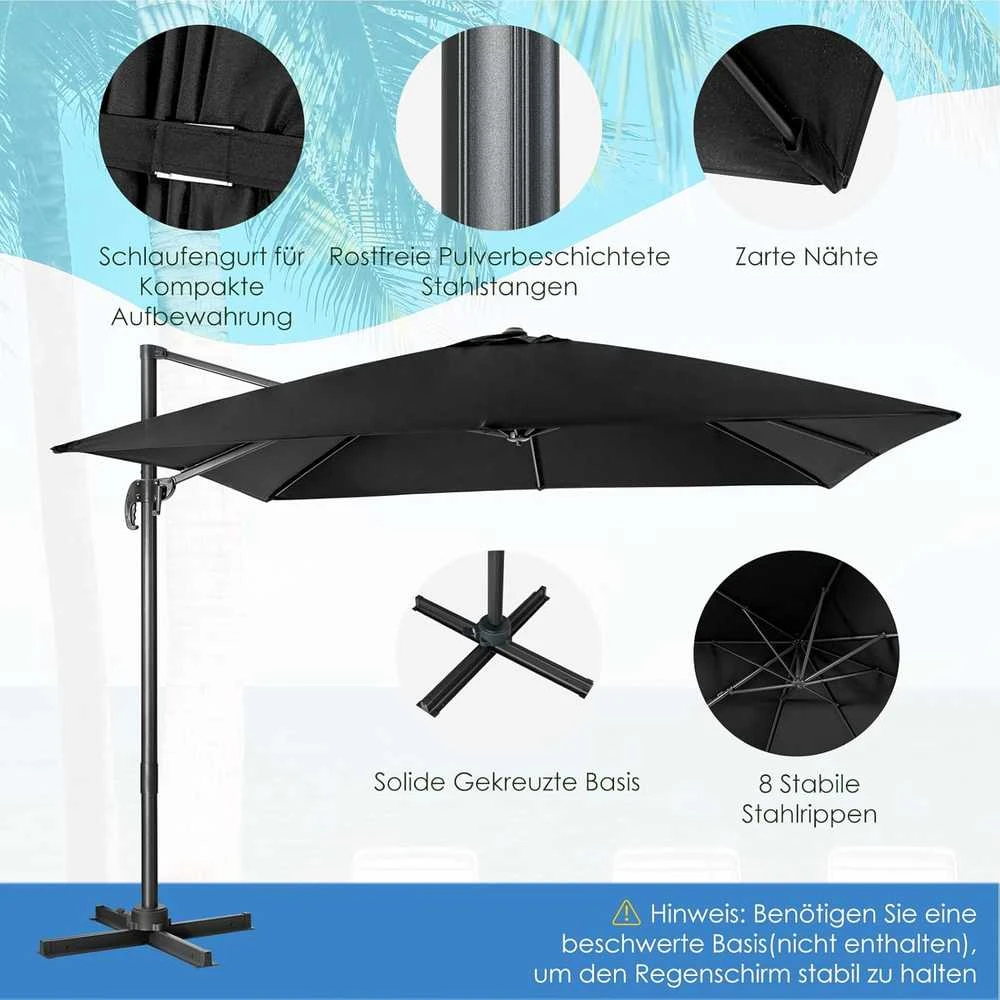COSTWAY lauko skėtis, kvadratinis, 300 × 300 cm, 360° pasukamas, juodos spalvos, ZB33835PWDE-GM